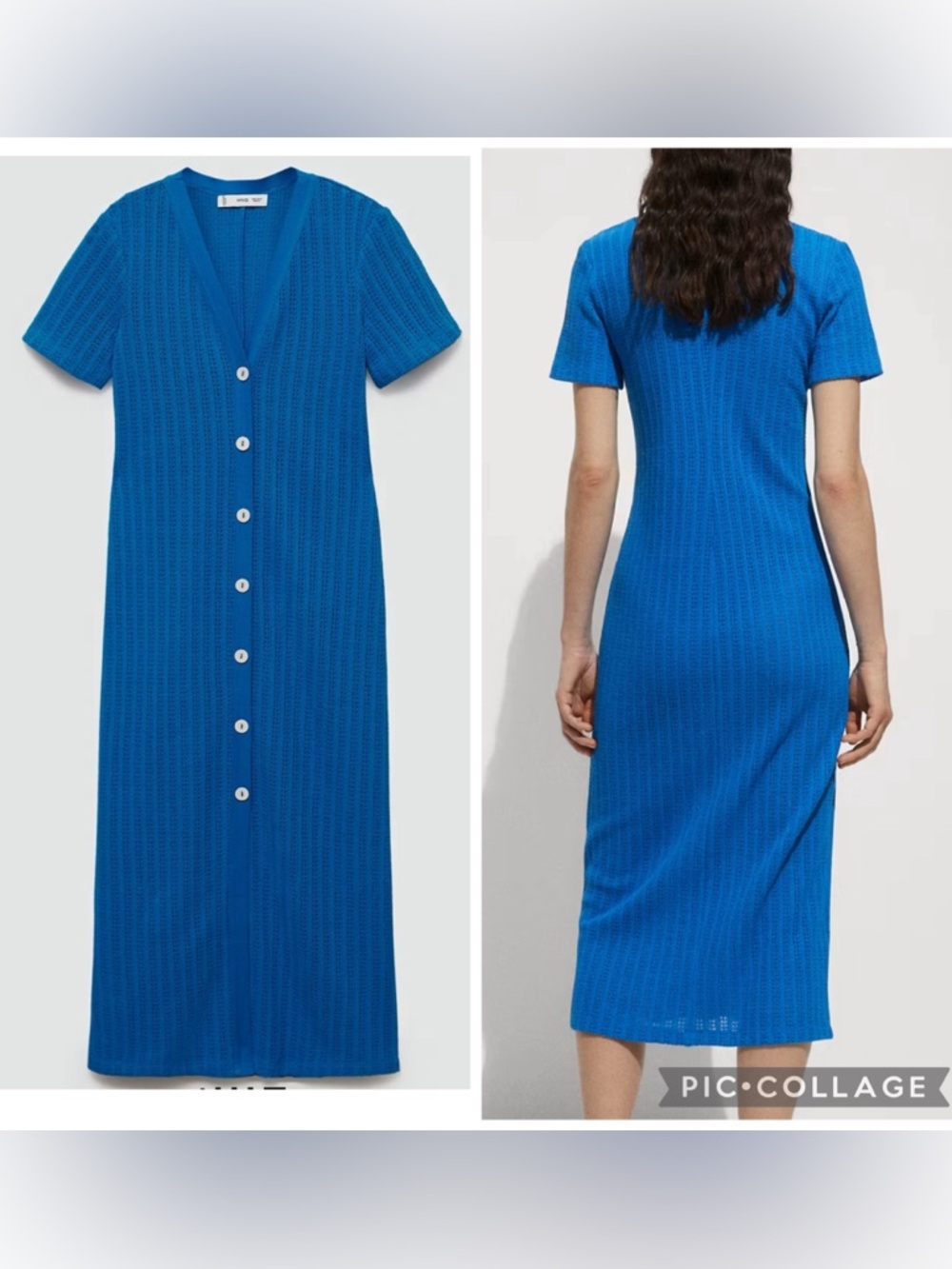 NWT Mango Cobalt Blue Short-Sleeve Button-Down Knit Midi Dress